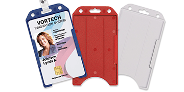 Porta-cartão vertical aberto para um cartão